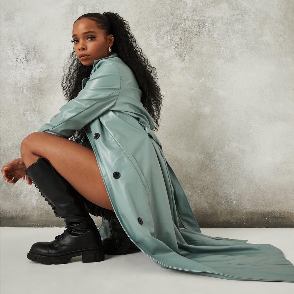 Missguided Teal Faux Leather Trench Coat